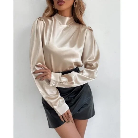 Classic Cream High Neck Satin Top Work Minimalist - Main Image
